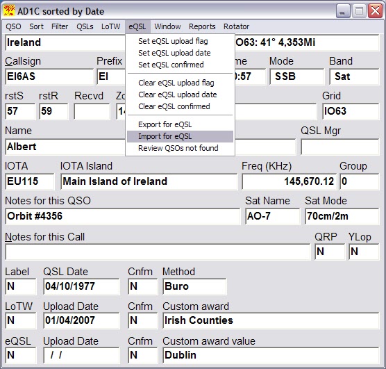 QSO Window showing eQSL menu