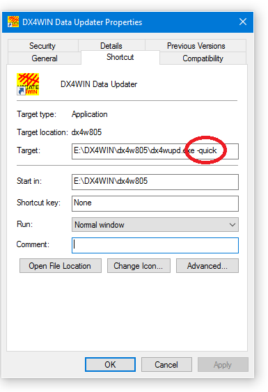DX4WIN Data Updater Properties